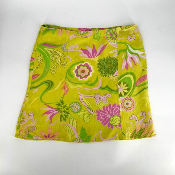 Vintage 90s Linen Blend Retro Floral Psychedelic Skirt Yellow Size 14 - Picture 7 of 8